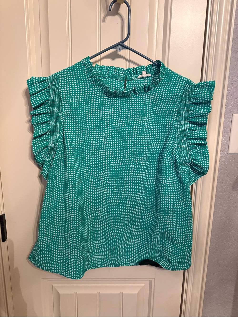 JODIFL Teal Green Dot Ruffle Sleeve Blouse